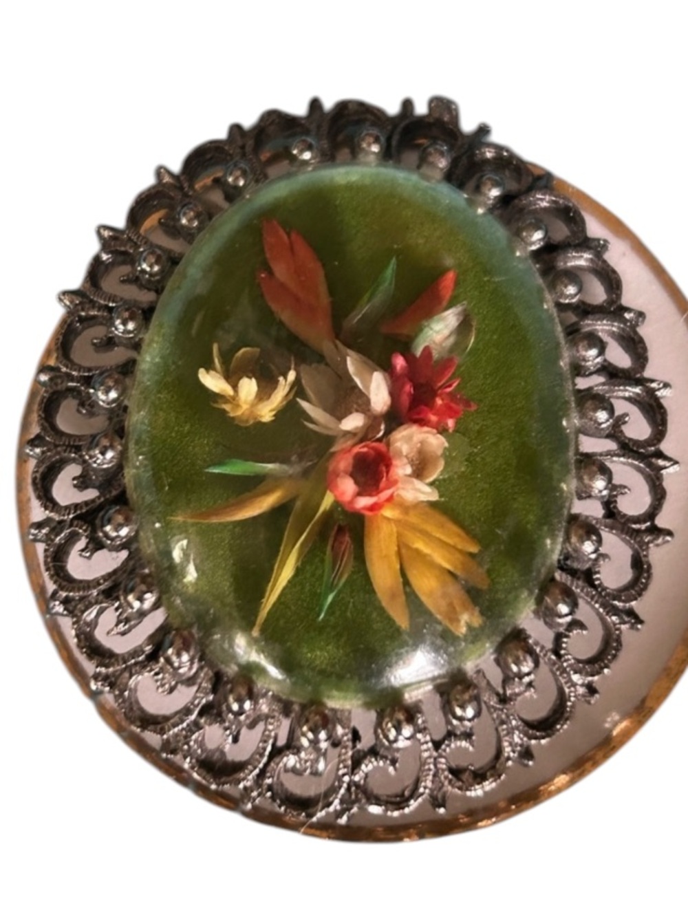 Vintage Dried Flowers Under Dome Brooch Pendant